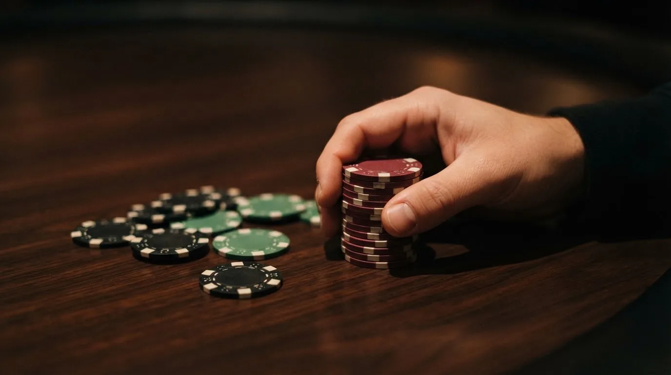 Manos sujetando fichas de casino apiladas junto a un montón de monedas doradas sobre una mesa oscura.