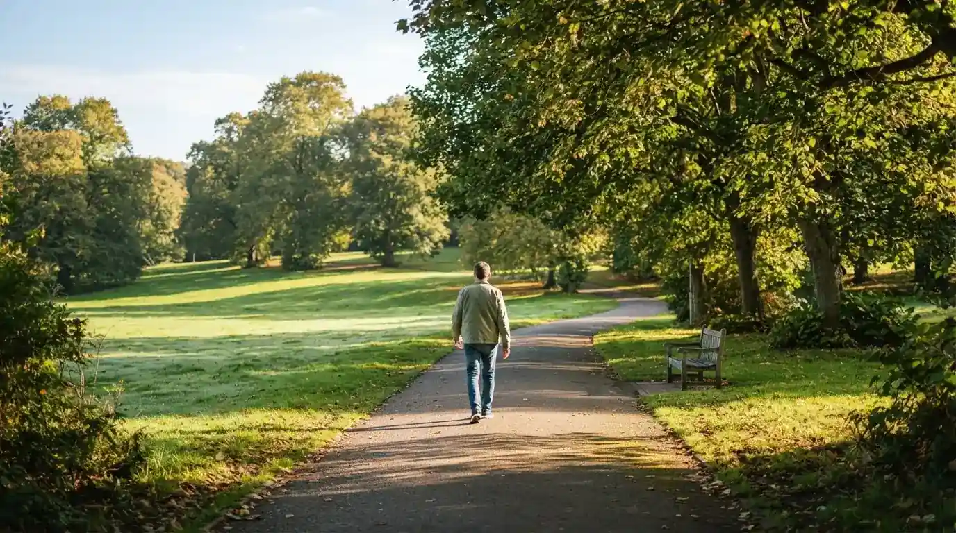 Persona caminando tranquilamente por un parque verde con árboles al fondo durante una mañana soleada.