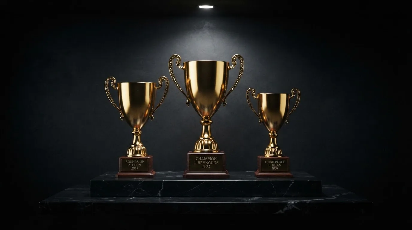 Tres trofeos dorados de distintos tamaños colocados en fila sobre un podio iluminado con un fondo oscuro y desenfocado.