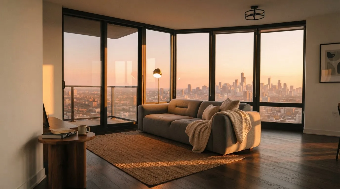 Vista panorámica de una sala de estar moderna con un sofá, una lámpara encendida y grandes ventanales al atardecer.
